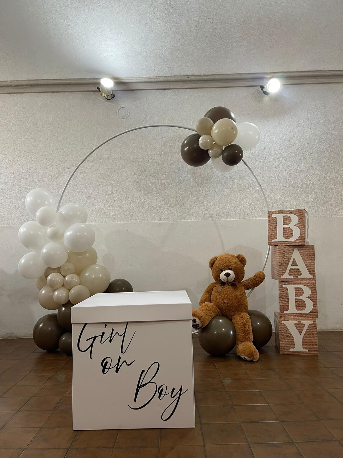 Allestimento Gender Reveal con palloncini e decorazioni